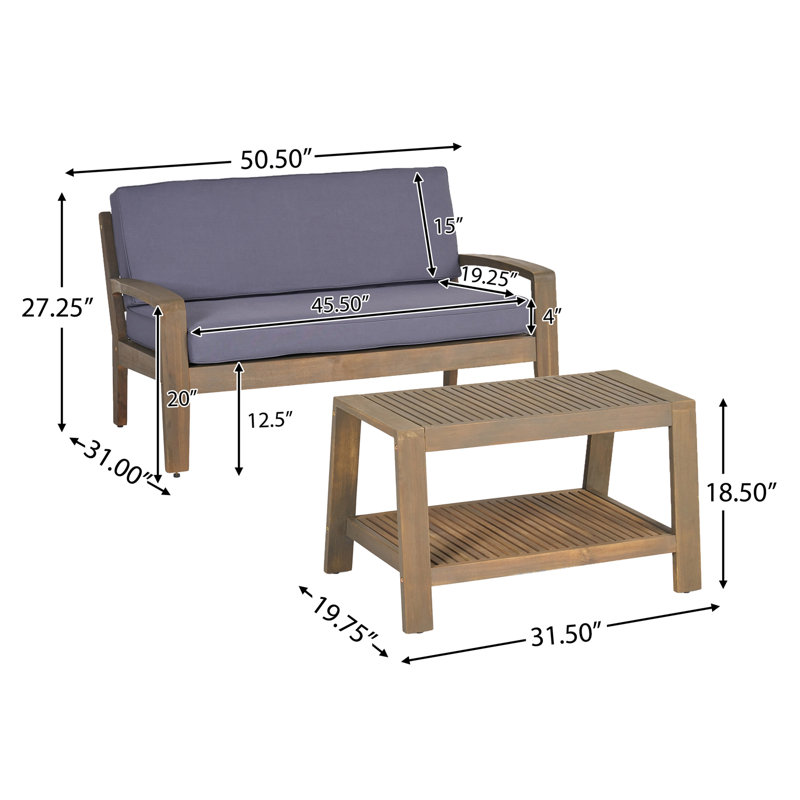 2-Piece Outdoor Teak Acacia Wood Conversation Set - Loveseat & Coffee Table With Gray Water-Resistant Cushions, 350Lbs Capacity For Patio, Deck & Backyard