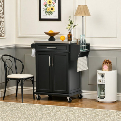 Black Kitchen Island Cart on Wheels with Stainless Steel Countertop, Storage Drawer, Towel & Spice Rack, Mobile Utility Trolley
