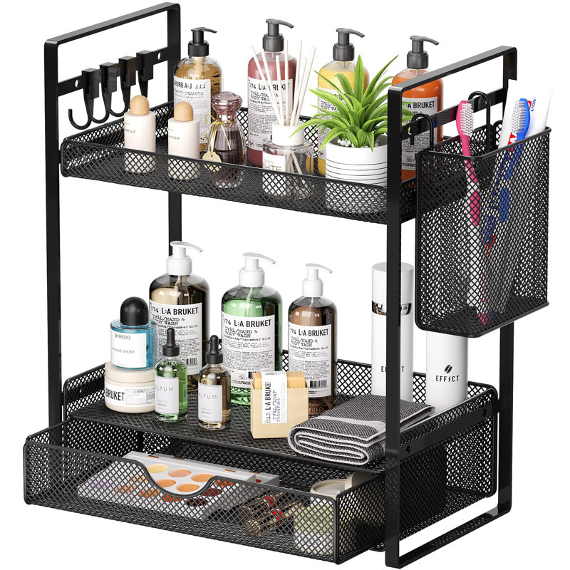 2-Tier Metal Mesh Bathroom Organizer with Drawer, Countertop Storage Shelf with Basket Hooks for Bathroom Sink Vanity and Kitchen Spice Organization