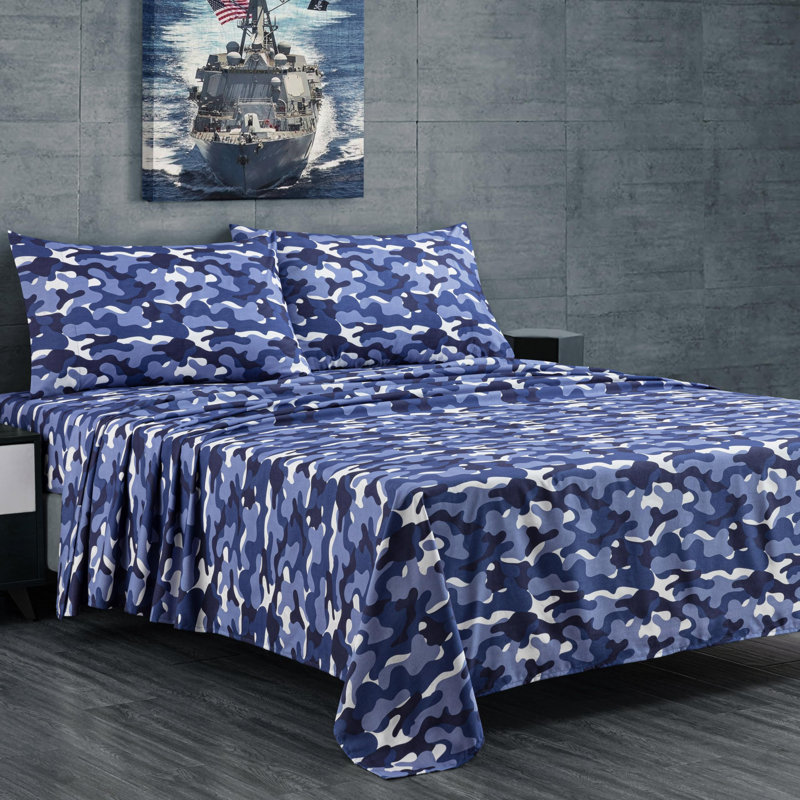 Microfiber Camouflage Sheet Set, King Sheet Set with 3 Additional Pieces, Blue/Gray