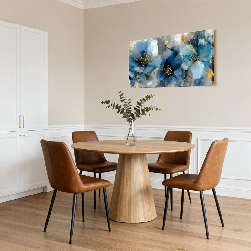Ensemble de 1 tableau sur toile à motifs floraux abstraits bleus et accents dorés, H 12 po x l 36 po