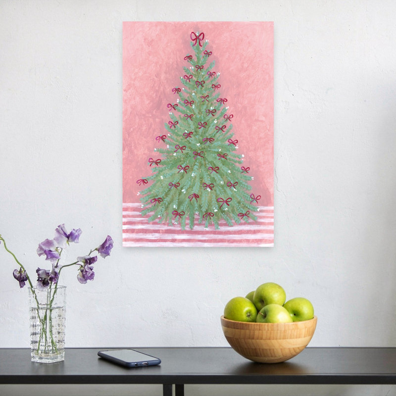 Sweet Pink Christmas Tree Colorful Traditional Abstract Christmas Tree Winter Landscape Wall Art Print by Rosana Laiz Blursbyai - Wrapped Canvas Print