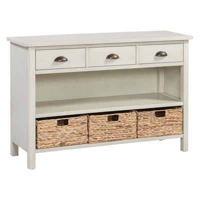 Vintage-Style Console Table with Drawers and Water Hyacinth Woven Baskets, Versatile for Multiple Home Spaces and Decor Styles