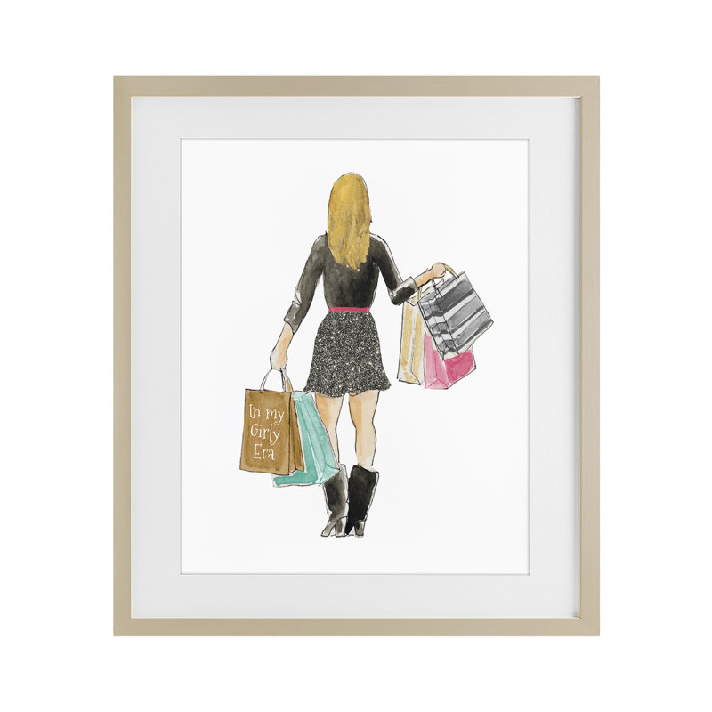 Fille avec sacs à provisions, reproduction encadrée sous verre, design par Lanie Loreth, H 21 po x l 17 po