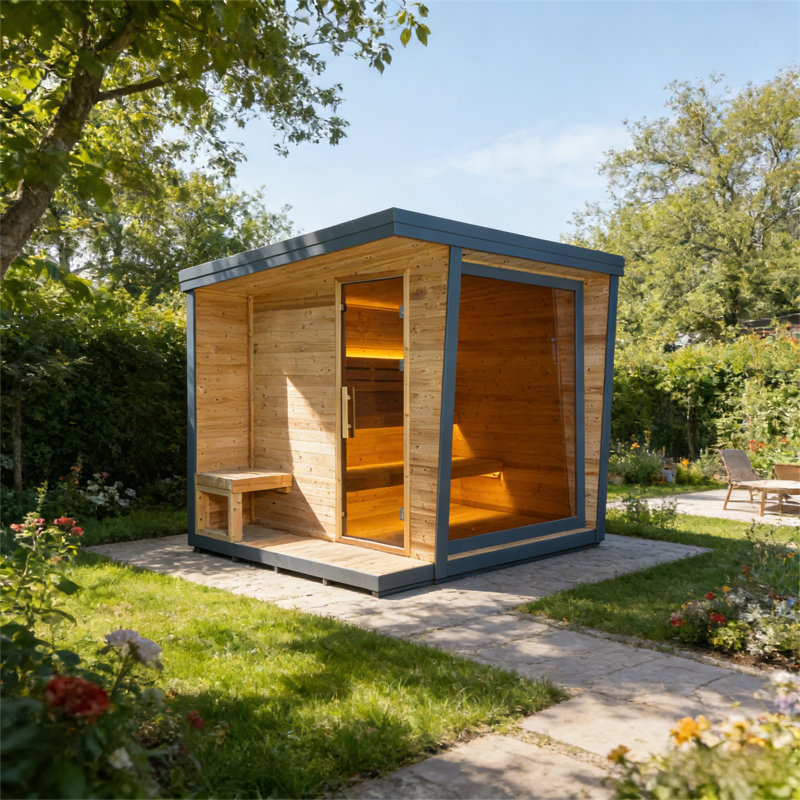 6-Person Traditional Steam Sauna For Outdoor Use, Carbonized Spruce Wood Cabin With Tinted Glass Door, Square Roof And All-Side Aluminum Tile Cladding