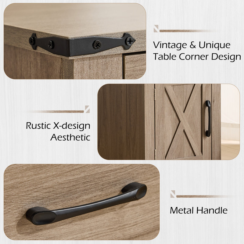  Table de bout Farmhouse avec station de charge - Table d'appoint étroite et table de chevet avec tiroir, armoire de rangement et tablette réglable, gris
