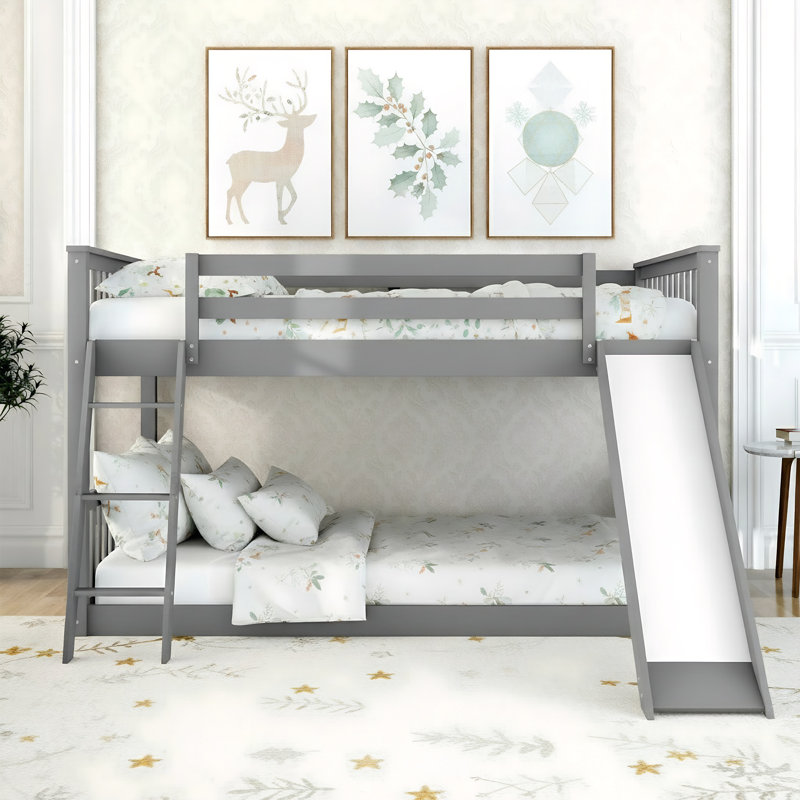 Multi-Size Bunk Bed (Twin-Over-Twin / Full-Over-Full) - Sturdy Pine Wood & Mdf Construction With Interchangeable Slide & Ladder Placement, Available In White & Gray