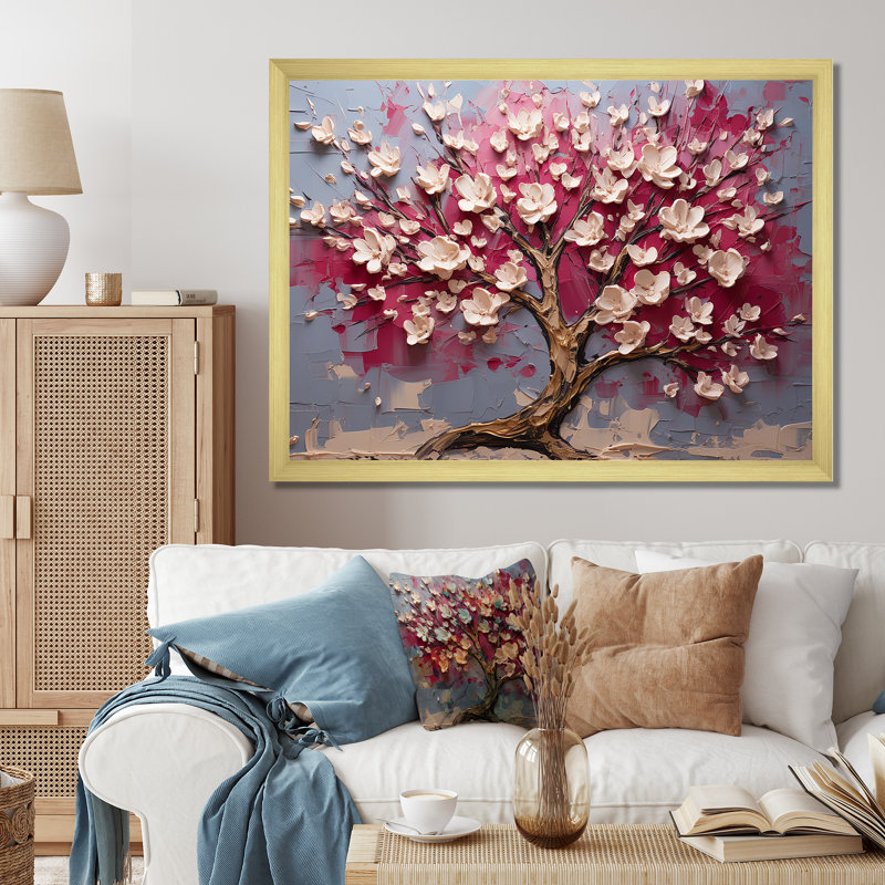 Orchidée rose et or jardin de branches V - art mural arbre, Cadre doré à coins fermés, H 30 po x l 40 po x P 1,5 po