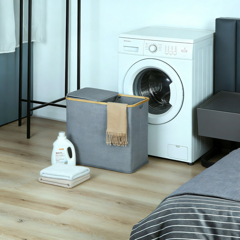 Double Hamper With Lid, Two Removable Liners & Bamboo Handles, 2-Section Laundry Basket For Bedroom, Bath Or Laundry Room