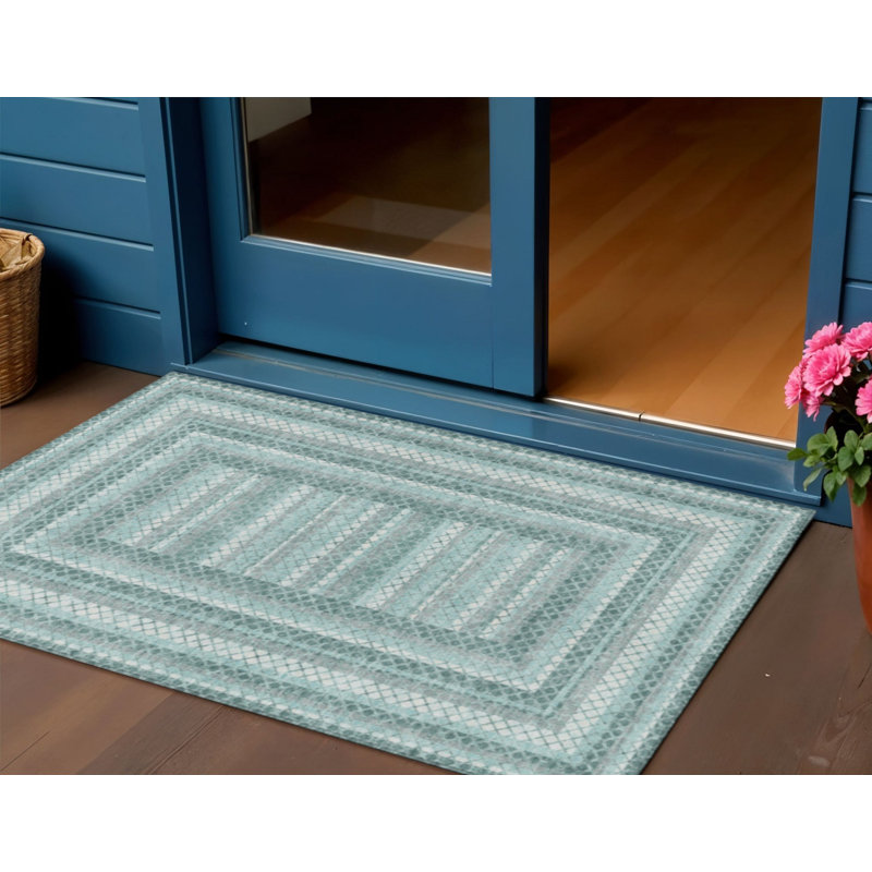 3' X 5' Teal Blue And Ivory Geometric Washable Indoor Outdoor Area Rug