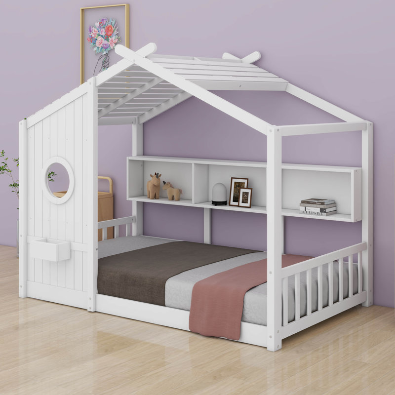 Lit sur pied Montessori, lit sur pied avec tablette de rangement pour tout-petit, lit de jeu avec toit, Lit simple, Blanc
