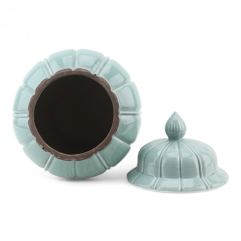Celadon Ribbed Jar with Lid, Green