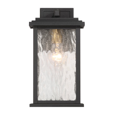 Riam - 1-Light Outdoor Wall Sconce - Black with Brass Accent - Rain Glassware Shade