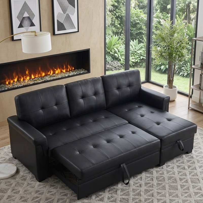 84" Lucca Sleeper Sectional Sofa Bed Black Leather Reversible Storage Chaise For Small Living Rooms