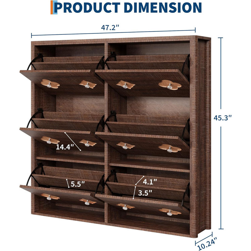 Shoe Cabinet with Flip Drawers, Slim Freestanding Shoe Rack Cabinet, Flower Pattern & Diamond-Shaped Handles, 6, Brown