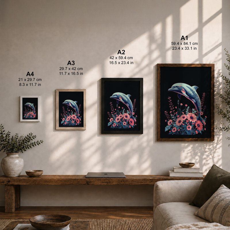 Dolphin Among Blooms Modern - Framed Print, Unframed, A3 - 42.0 x 29.7 cm