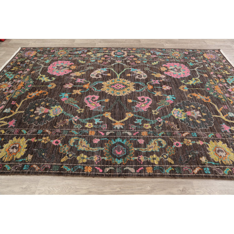 Tapis unique en laine noué à la main Oushak gris anthracite nouvel âge 6 pi 4 po x 9 pi 2 po