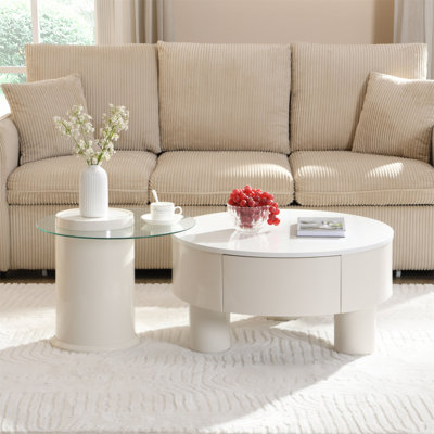 Ensemble de 2 tables basses rondes gigognes, table basse avec tiroir de rangement, centre en plastique pour le salon, grand 27,56 po, petit 19,69 po