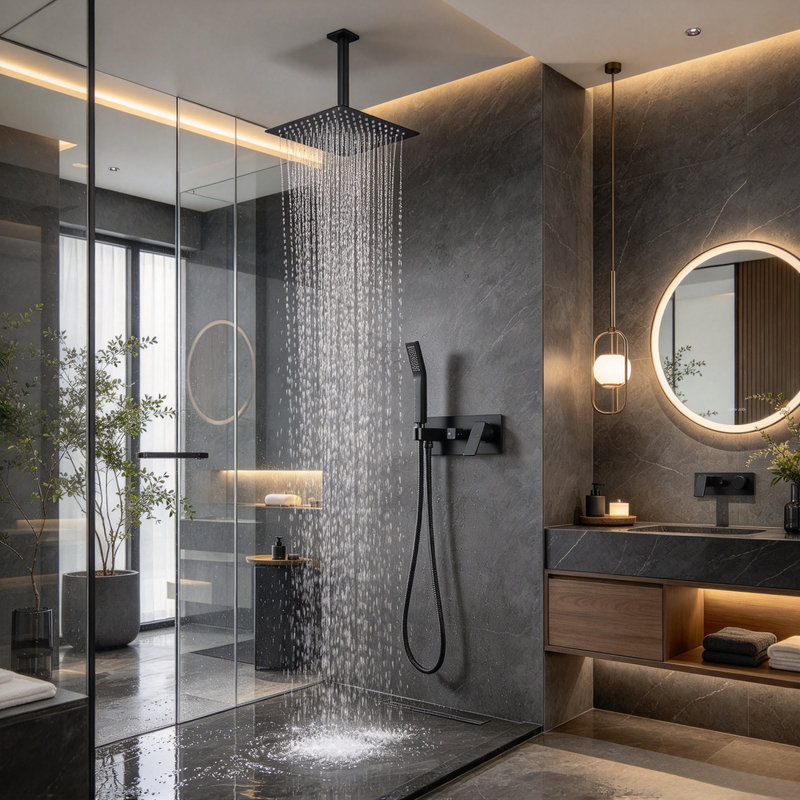 Système de douche noir mat, pomme de douche effet pluie de 25 cm (10 po) à montage au plafond avec douchette, ensemble robinetterie de douche avec corps de vanne et trousse de garniture inclus