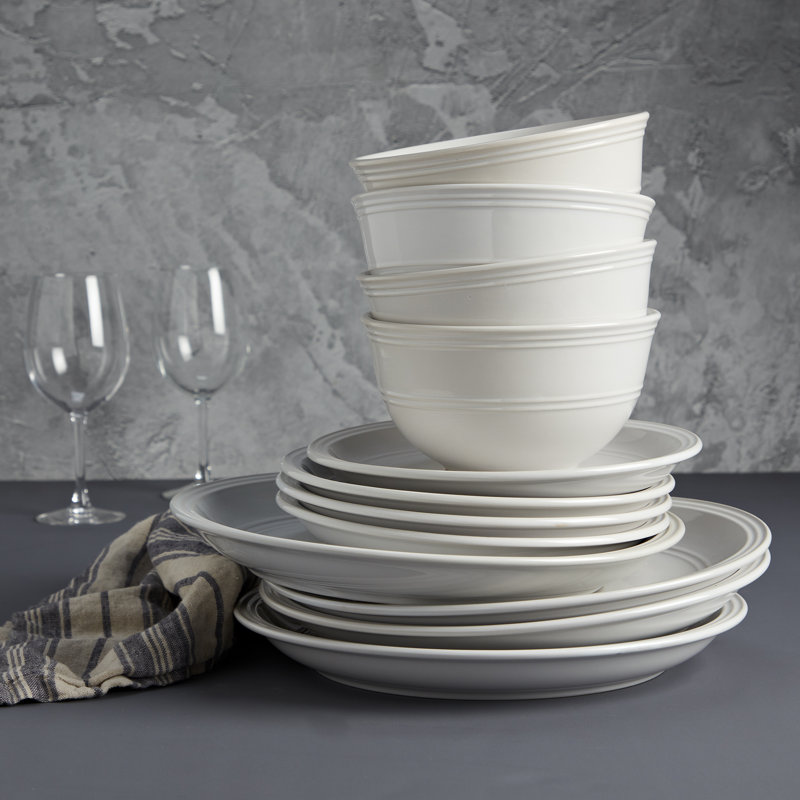Tabletops Gallery Farmhouse 12 Piece White Stoneware Round Dinnerware Set- Service for 4