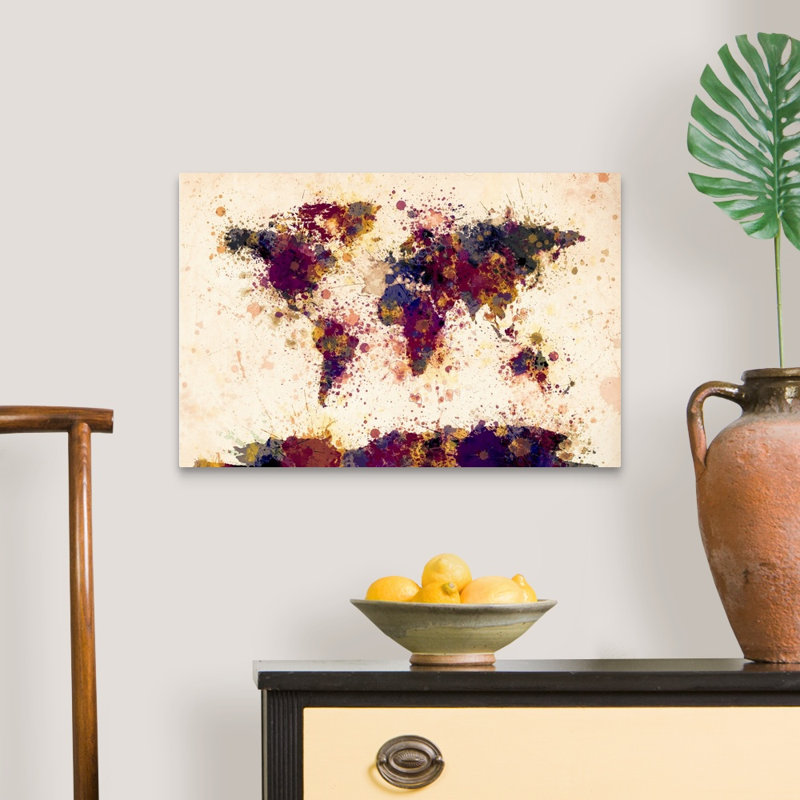 «World Map Paint Splash» par Francy, impression en jaune et bleu, H 16 po x l 24 po x P 1,5 po, Rouge / Bleu / Jaune, Toile