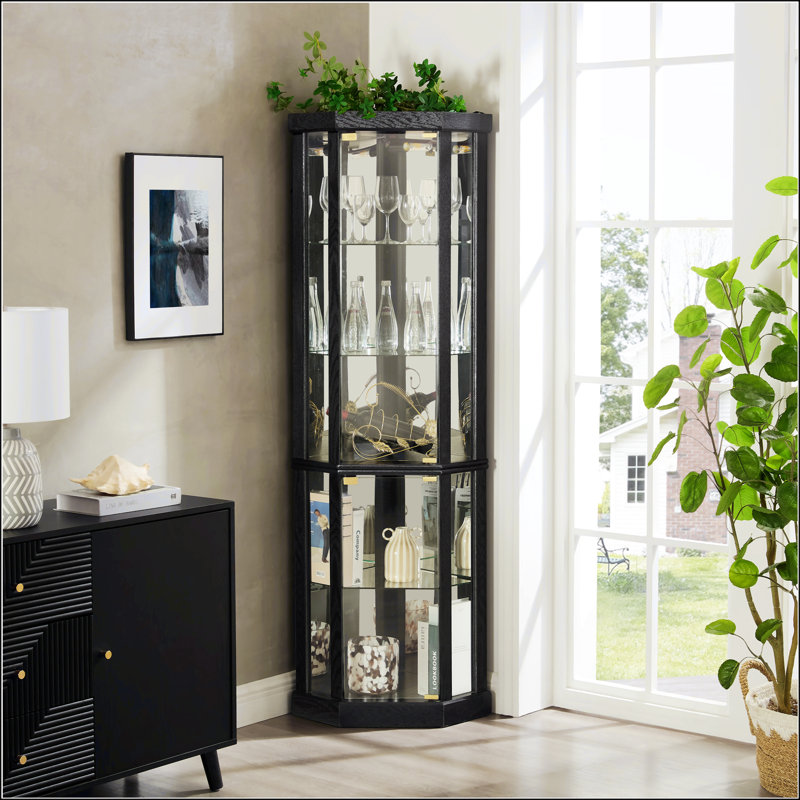 Lighted Corner Curio Cabinet - Elegant Glass Display Case For Living Room & Bar, Perfect For Antique Collections & Wine Storage