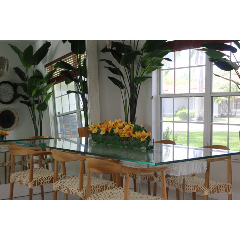Pot à fleurs en verre 36 po Casa Moderna avec orchidées jaunes Cymbidium et feuilles de Monstera