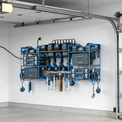 Support de rangement mural pour outils électriques avec 8 supports de perceuse, station de charge et multiprise