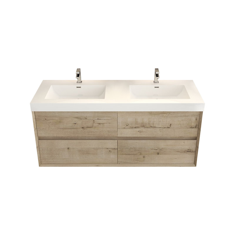58.6'' Double Bathroom Vanity with Plastic Top, White Oak