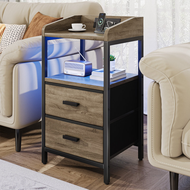 26.4 Inch Industrial Nightstand With Charging Station And Usb Ports, 2 Drawers Storage End Table For Bedroom Living Room