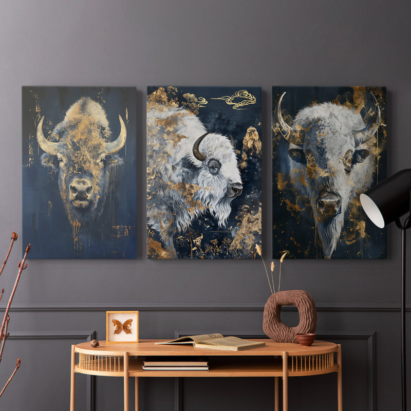 Buffalo Series XLIX - Ensemble de 3 toiles tendues avec châssis - Prêt à être accroché, H 27 po x l 18 po