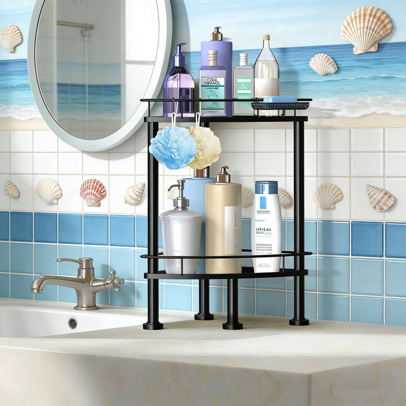 Étagère de rangement de salle de bain à 2 niveaux avec tablette amovible et panier de rangement, noir