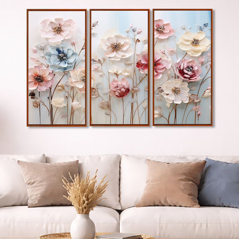 Blanc et rose, merveille florale - art mural floral, H 28 po x l 36 po x P 1 po, Cadre flottant brun