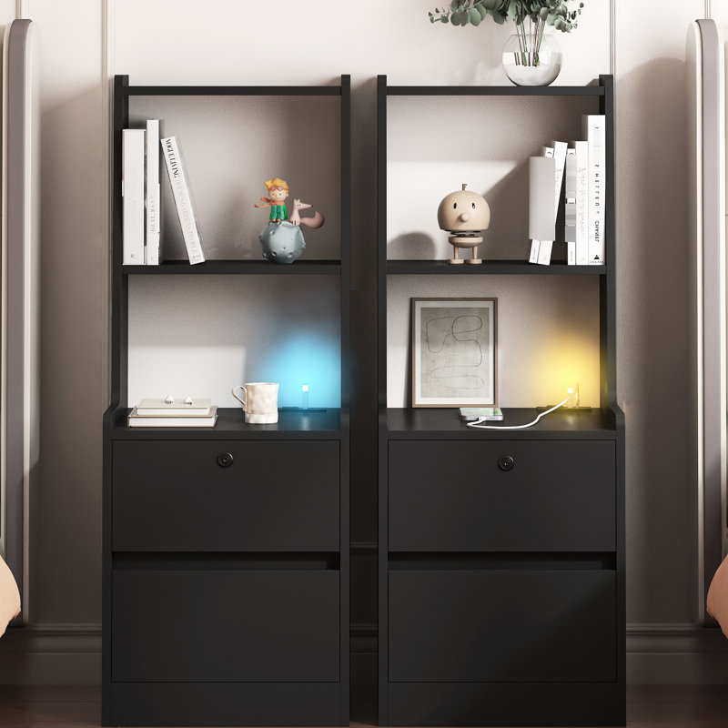 Tables de chevet de 2, tables de chevet modernes noires avec fonction de charge et système d'éclairage de nuit à couleur réglable, espace de rangement verrouillable pour les ordinateurs portables, lampe de chambre à bibliothèque ouverte à 2 niveaux,