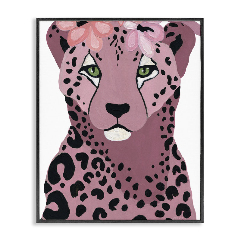 Guépard avec des fleurs roses, art de la giclée encadrée par Yvette St. Amant, Giclée encadrée noir minuit, H 14 po x l 11 po