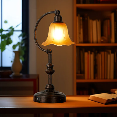 Lampe de table tactile avec abat-jour en verre et ports USB A + C, base en métal bronze rétro