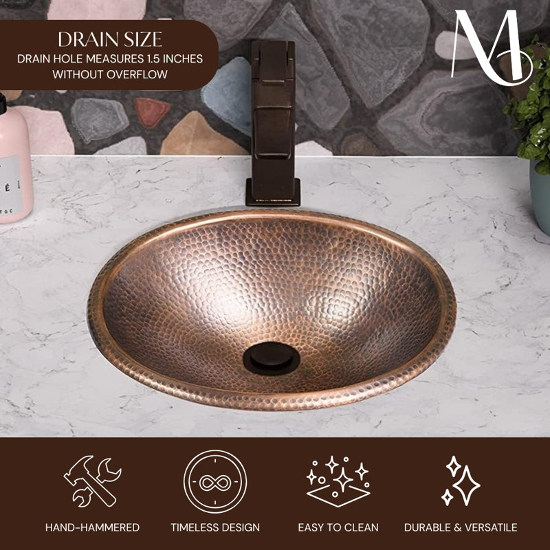Pure Copper Hand Hammered Oval Drop-In Bathroom Vanity Sink 17"
