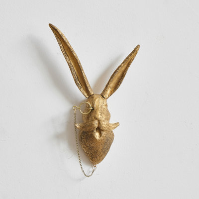 Rabbit Head Wall Decor, Resin Animal Wall Sculpture with Gold Finish and Monocle