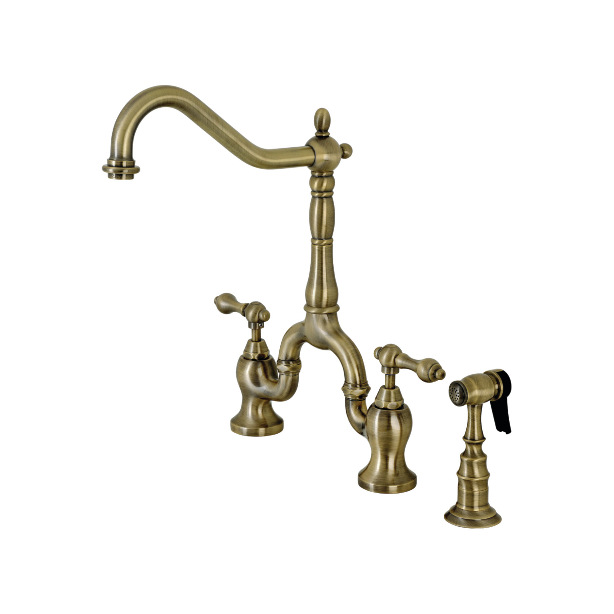 Kingston Brass English Country Two-Handle 3-Hole Deck Mount Bridge Kitchen Faucet with Brass Side Sprayer, Antique Brass