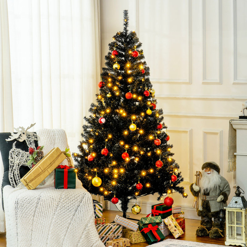 Artificial 6' Christmas Tree With 250 Warm Lights & 1000 Branch Tips, Black 6 Feet Tall White Lights, Tips