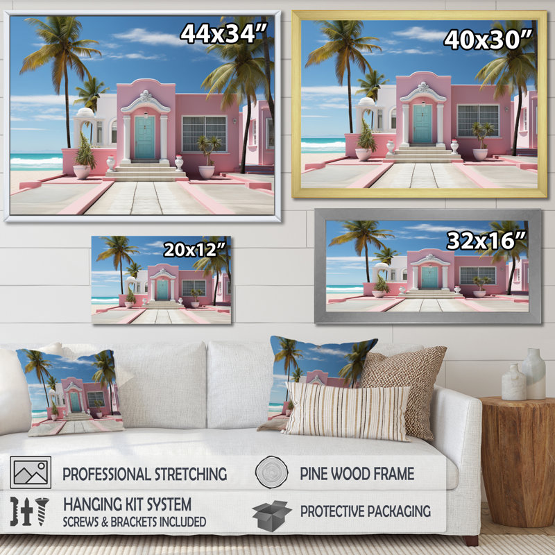 «Miami Pink House II» - art mural sur toile Beachhouse, H 16 po x l 32 po, Cadre flottant noir
