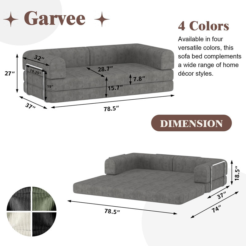 Canapé-lit convertible de 78 po, causeuse futon en velours côtelé moelleux, canapé-lit pliant à structure fixe, lit escamotable, canapé de salon sans assemblage