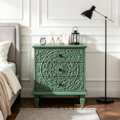 Commode de style champêtre à 3 tiroirs, commode de chevet à l'aspect vieilli avec façade ornée d'un motif floral en relief