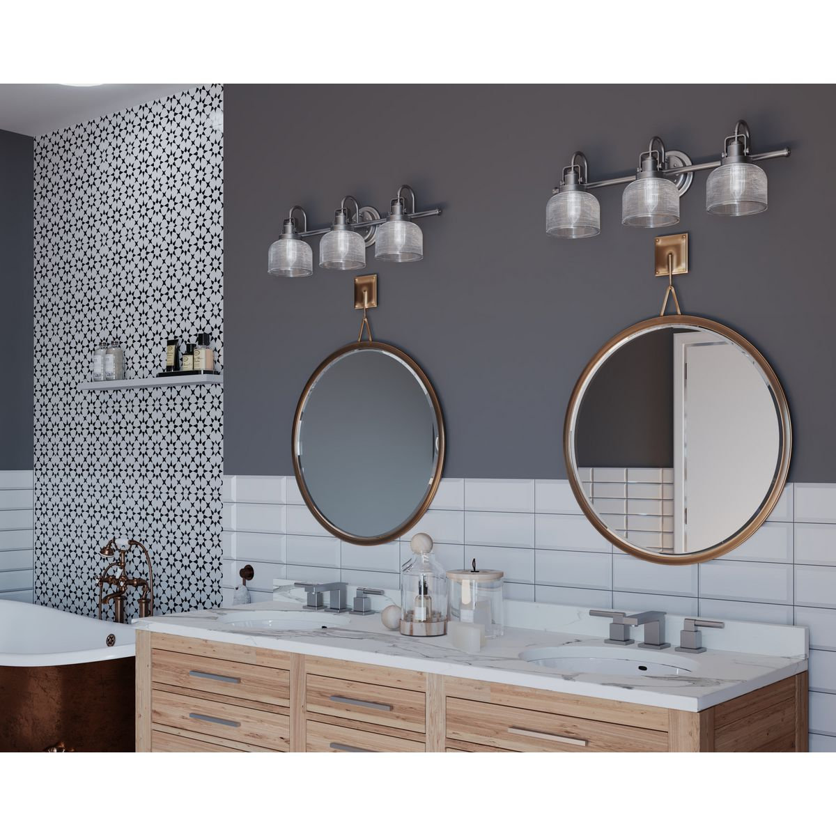 Rosser Dimmable Vanity Light, 8.75"H x 26.25"W x 7.25"D, Antique Nickel, 3 Lights