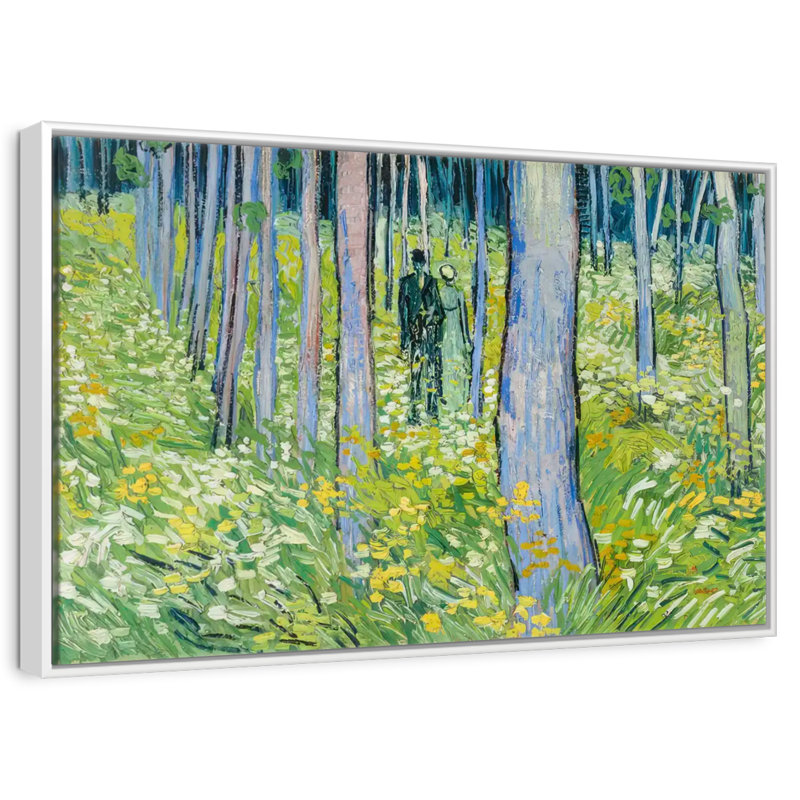 Sous-bois avec deux personnages, Cadre flottant blanc, 46 po x 31 po