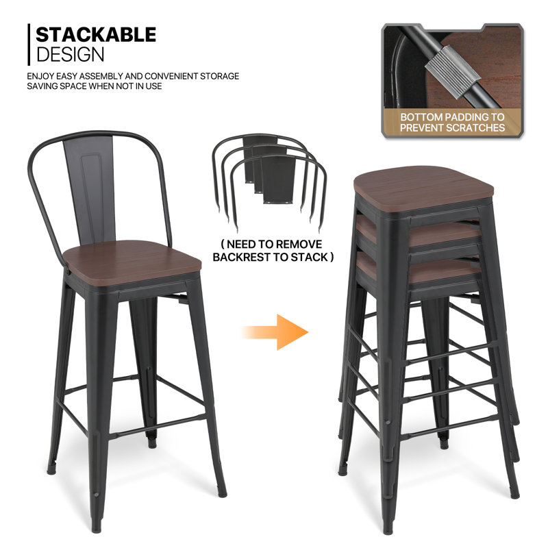 Johntell Metal Dining Chair Counter Height Chairs Stackable Barstools Wood with Removable Backrest, Matte Black