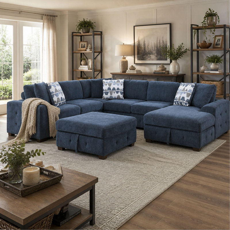 Canapé d'angle de 5 pièces avec méridienne à droite, pouf de rangement, lit gigogne et revêtement en chenille capitonnée pour salon