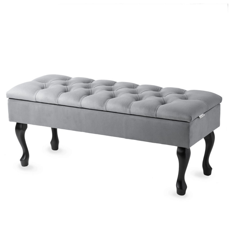 Velvet Upholstered Storage Bench, 44cm H x 100cm W x 30cm D, Grey/Black
