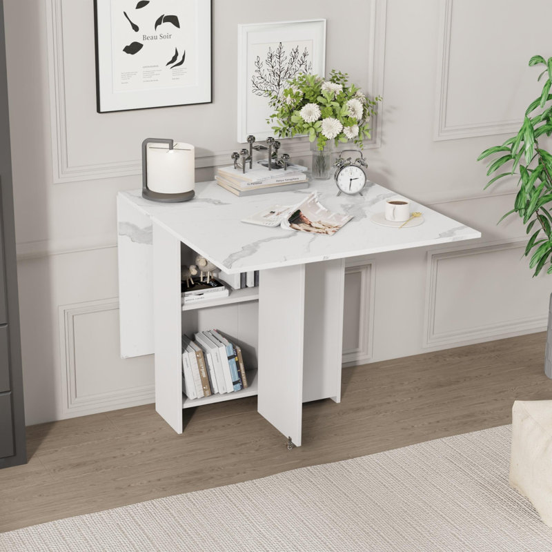Folding Dining Table On Locking Wheels With Storage (White)