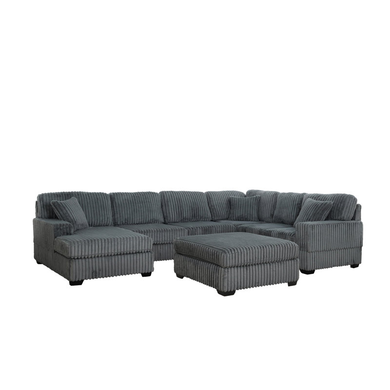 TITAN 142" Corduroy Reversible 4PC Sectional with Chaise and Ottoman, Grey Corduroy
